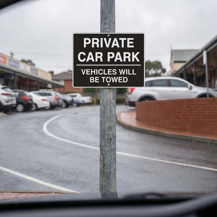Private Car Park Vehicles Will Be Towed sign at the entrance to an Australian shopping strip car park