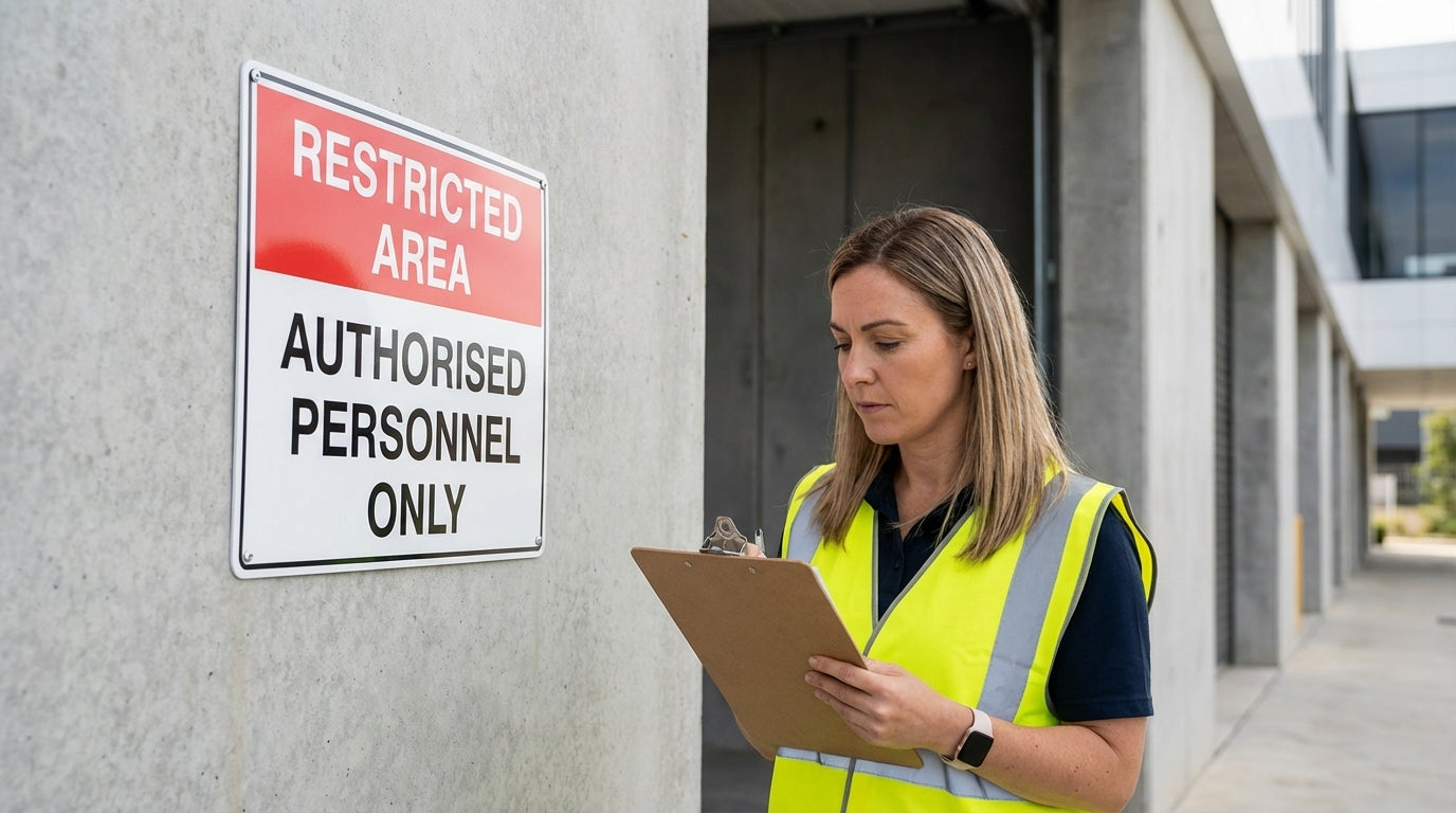Restricted Area sign- authorised personnel only. Safety Officer checking compliance.