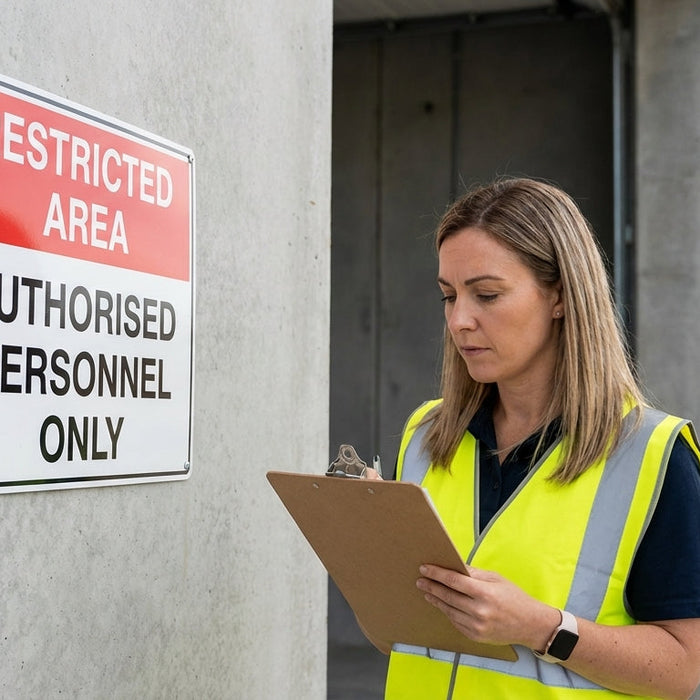 Restricted Area sign- authorised personnel only. Safety Officer checking compliance.