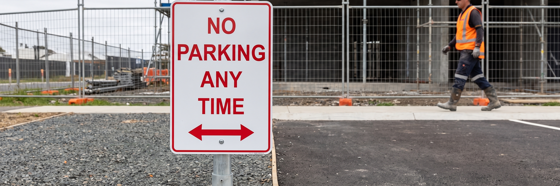 Red and white No Parking Any Time sign fixed to a galvanised steel post with a bracket at a construction site car park