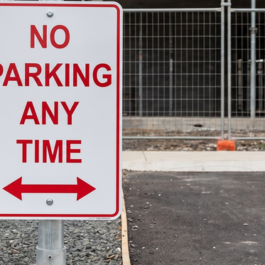 Red and white No Parking Any Time sign fixed to a galvanised steel post with a bracket at a construction site car park