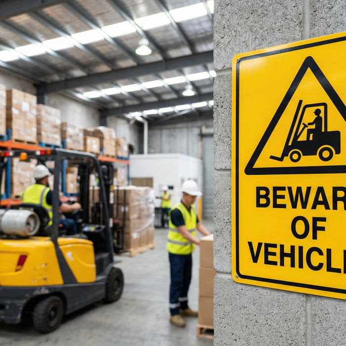 Yellow triangle warning sign alerting to vehicle hazards in Australian workplace setting