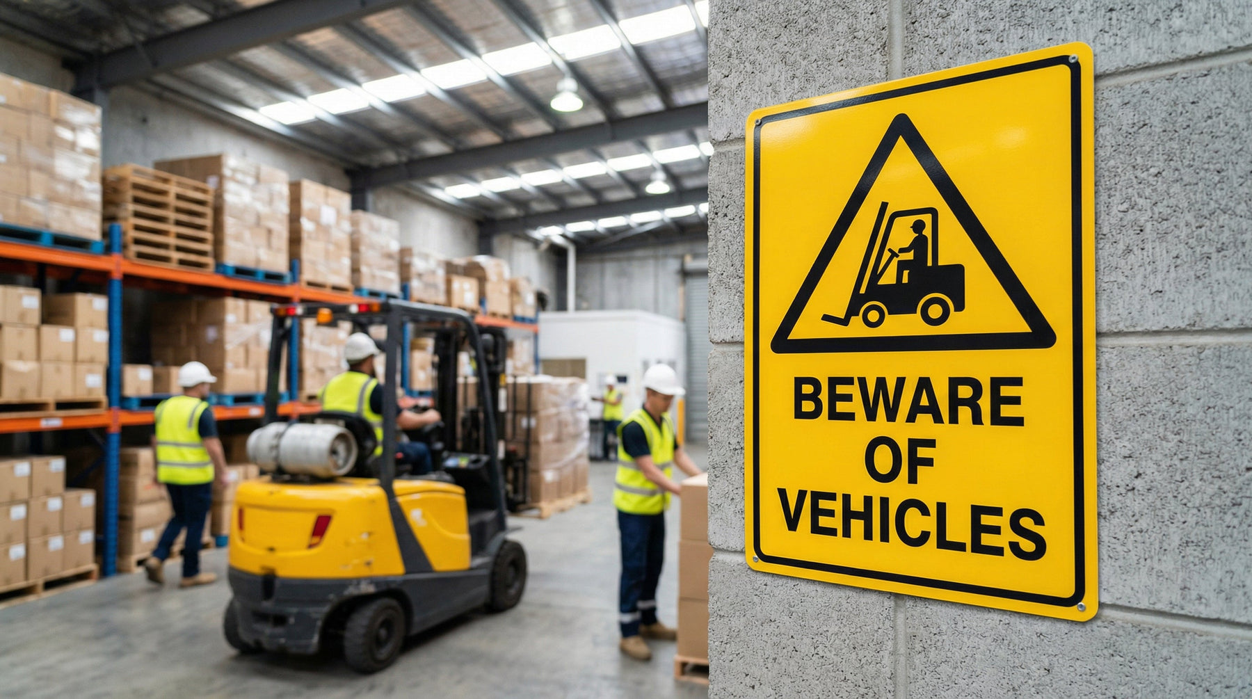 Yellow triangle warning sign alerting to vehicle hazards in Australian workplace setting