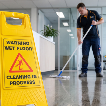 Yellow A-frame WARNING WET FLOOR sign with slip pictogram in an office foyer, cleaner mopping behind