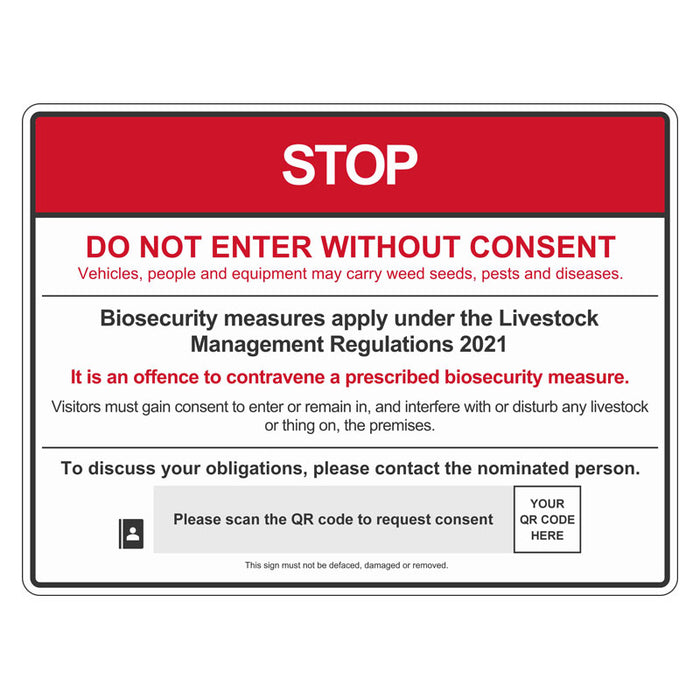 Biosecurity Sign - Victorian Farm Biosecurity Management with Farm provided QR CODE
