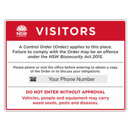 Biosecurity Sign - NSW Biosecurity Farm Control Order - 450x600mm corflute