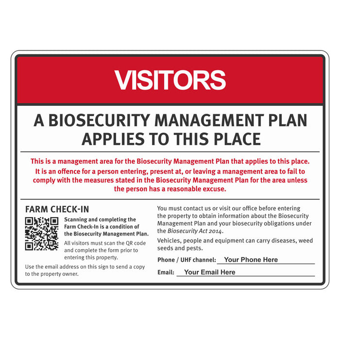 Biosecurity Sign - Queensland Farm Biosecurity Management with Farm Check-in QLD DPI QR code