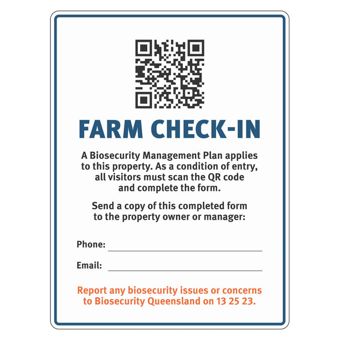 Biosecurity Sign - Queensland Farm Check-In with QLD DPI QR code