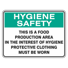 Hygiene Sign - Food Production Area Protective Clothing Must Be Worn - 225x300mm polypropylene
