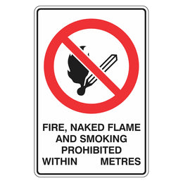 Prohibition Sign - Fire Naked Flame And Smoking Prohibited Within __ Metres - 300x450mm metal
