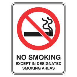 Prohibition Sign - No Smoking Except In Designated Smoking Areas - 225x300mm metal