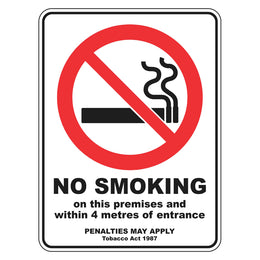 Prohibition Sign - No Smoking On This Premises And Within 4 Metres - 300x450mm metal
