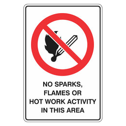 Prohibition Sign - No Sparks Flames Or Hot Work Activity - 300x450mm metal