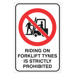 Prohibition Sign - Riding On Forklift Tynes Is Strictly Prohibited - 150x225mm self-adhesive vinyl