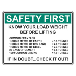 Safety First Sign - Know Your Load Weight Before Lifting - 450x600mm polypropylene