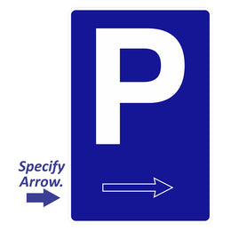 Parking symbol sign with directional arrow for car park traffic management - 300x450mm metal